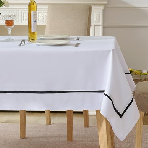 EHouseHome Heavy Duty Fabric Tablecloth with Black Border-Waterproof/Wrinkle Free/Stain Resistant/Oil Proof-for Dining,Indoor&Outdoor,Wedding,Holiday,Rectangle 60x120Inch,White