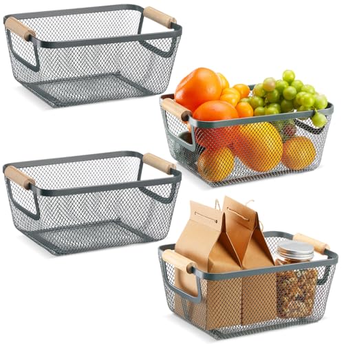4 Pcs Metal Wire Basket with Wooden Handles Mesh Steel Storage Organizer Bin Containers for Home Organizing Cabinet Pantry Closet Kitchen Fridge Fruit Makeup Snacks Gifts(Small,Dark Gray)