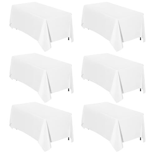 Easy-Going 6 Pack White Tablecloths 90x132 Inch for 8 Ft Rectangle Table, Washable Polyester Waterproof Stain Resistant Table Cloth, Decorative Table Cover for Kitchen, Dining Tables, Events