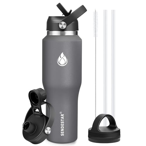 SENDESTAR 40oz Water Bottle Wide Mouth Stainless Steel Vacuum Insulated Double Wall with 2 Straw Lids Fit in Any Car Cup Holder