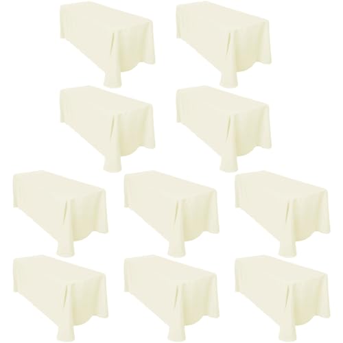 LTC LINENS Bulk 10-Pack Ivory Rectangular Tablecloths 90 in x 156 in with Rounded Corners - Ideal for 8 ft Tables with Floor-Length Drop - Polyester Fabric Cloth Table Covers for Wedding, Party