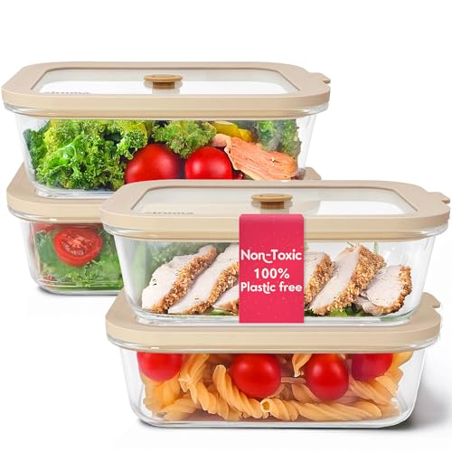 Non-Toxic 35 Oz (4.4 Cup) Glass Storage Containers with Lids  Plastic Free Meal Prep Containers for Lunch, Airtight Food Storage, Microwave and Freezer Safe, 4 Pack - Ziruma