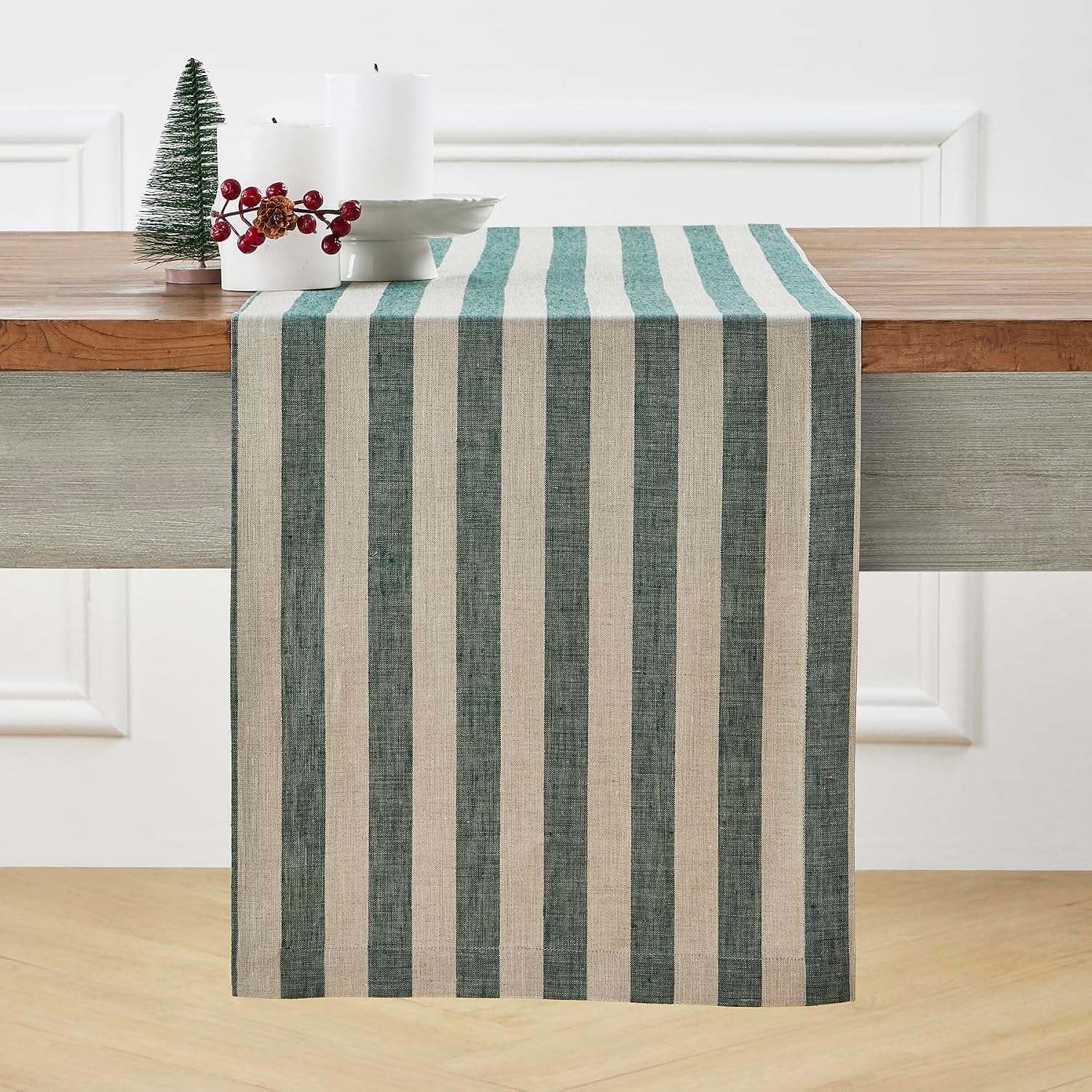Solino Home Linen Table Runner 108 Inches Long - Sorrento Stripe 100% Pure Linen Hunter Green and Natural Table Runner 14 x 108 Inch for Thanksgiving, Christmas - Handcrafted and Machine Washable