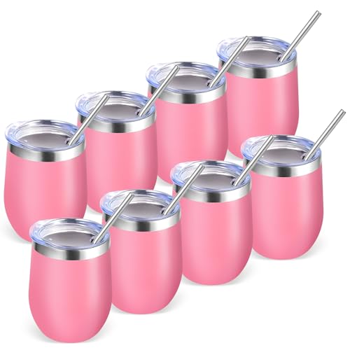 Volhoply 12oz Stainless Steel Wine Tumbler with Lid Bulk 8 Pack,Double Wall Vacuum Stemless Wine Glasses,Reusable Metal Travel Coffe Mug with Straw,Insulated Cup Gifts for Women,Christmas(Pink,8 Set)
