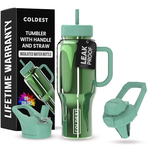 Coldest Tumbler with Handle and Straw - 100% Spill Proof Tumbler with Straw (3 Lids) - Stainless Steel Insulated Leakproof Tumblers for Women & Men - 36 oz (Avocado Reflections)