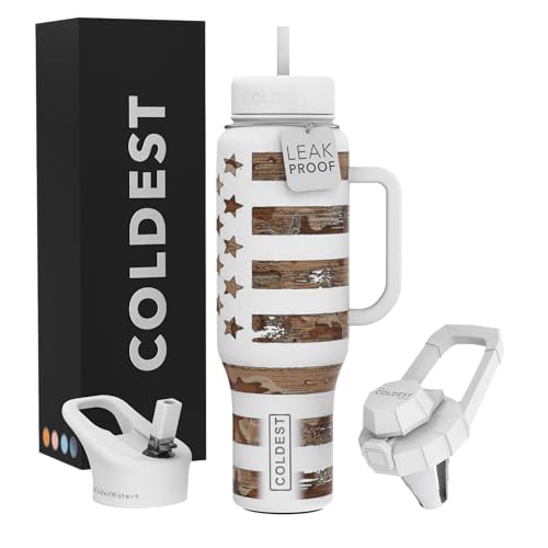 Coldest Tumbler with Handle and Straw - 100% Leak Proof Insulated Tumbler with Lid and Straw (3 Lids) - Stainless Steel Tumblers for Women & Men - Cup Holder Friendly, 46 oz (The Patriot)