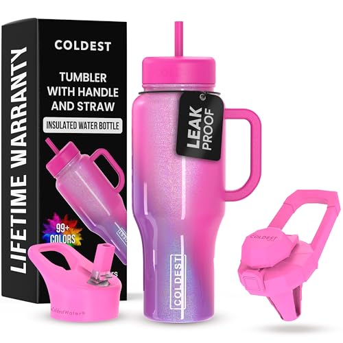 Coldest Tumbler with Handle and Straw, 100% Leak Proof Insulated Tumbler with Lid and Straw (3 Lids), Stainless Steel Tumblers for Women & Men, Cup Holder Friendly, 36 oz (Mulberry Dream)