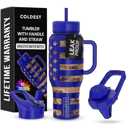 Coldest Tumbler with Handle and Straw - 100% Leak Proof Insulated Tumbler with Lid and Straw (3 Lids) - Stainless Steel Tumblers for Women & Men - Cup Holder Friendly Base, 36 oz (The Democrat)