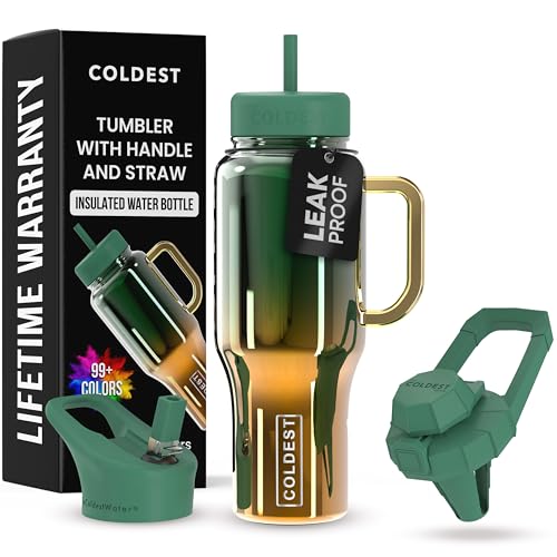 Coldest Tumbler with Handle and Straw - 100% Spill Proof Tumbler with Straw (3 Lids) - Stainless Steel Insulated Leakproof Tumblers for Women & Men - Cup Holder Friendly - 36 oz (Atlantean Nova)