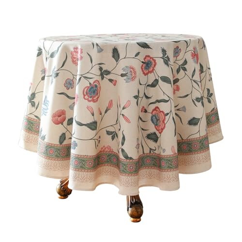Designer Chinoiserie Linen Floral Small Round Tablecloth,White Wrinkle Resistant Table Cloth,Elegant Decor Tablecloths for Dining Thanksgiving Kitchen Christmas,Diameter 55"-Daffy