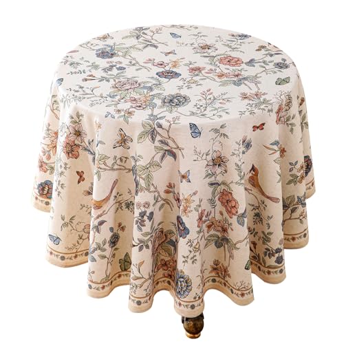 ISAENNE Designer French Light Beige Small Round Tablecloth,Linen Florals and Birds Pattern Table Cloth,Anti-Wrinkle Decorative Tablecloths for Dining Thanksgiving Kitchen,Diameter 55"-Cornucopia