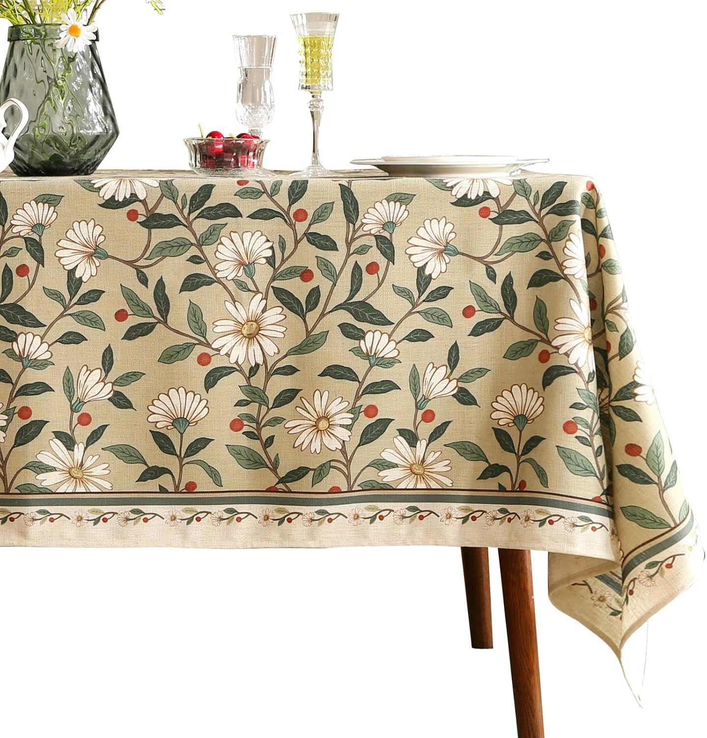 Designer Green Linen Small Rectangular Tablecloth,Floral French Country Indoor Table Cloth,Stain Resistant Home Decor Tablecloths for Dining Kitchen Thanksgiving Party,55"*71"-Brune