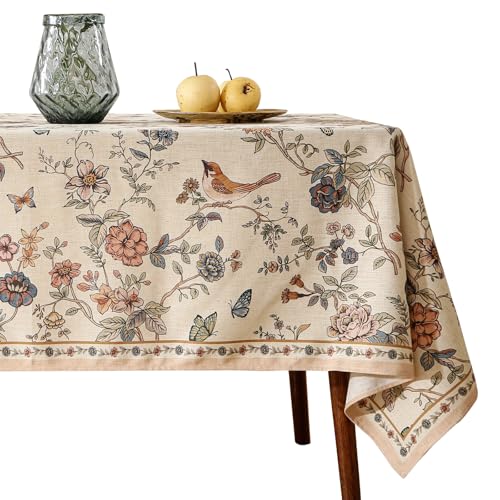 Designer French Light Beige Extra Long Rectangle Tablecloth,Linen Florals and Birds Pattern Table Cloth,Durable Decorative Tablecloths for Dining Thanksgiving Kitchen,67"*118"-Cornucopia