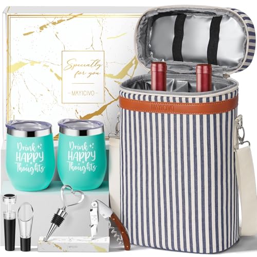 Birthday Gifts for Women Men - Wine Gifts Baskets Mothers Day Gifts For Mom, Women, Friend, Wine Lovers, Self Care Package, Insulated Wine Tote Bag Wine Carrier with Tumblers & Wine Accessories Set