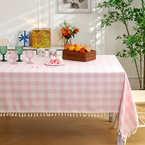 Rectangle Table Cloth for Spring, Summer, Valentine's Day, Easter, Christmas Tablecloth-Farmhouse Plaid Cotton Tablecloths (55" x 102",Pink)
