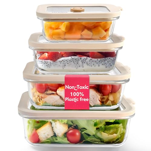 Ziruma Non-Toxic 4 Pack - Glass Food Storage Containers With Lids  Plastic Free, Airtight Meal Prep Containers, Multi-Size (12, 21, 35, 50 Oz), Microwave & Freezer Safe