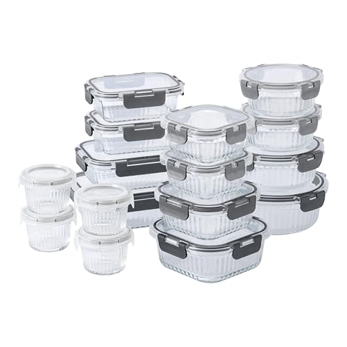 COOK WITH COLOR Premium 32-Pc. Borosilicate Glass Food Container Set with Dividers - 4 Rectangles, 8 Rounds, 4 Squares - Leakproof Lids - Meal Prep, Storage, Fluted Ombre Grey