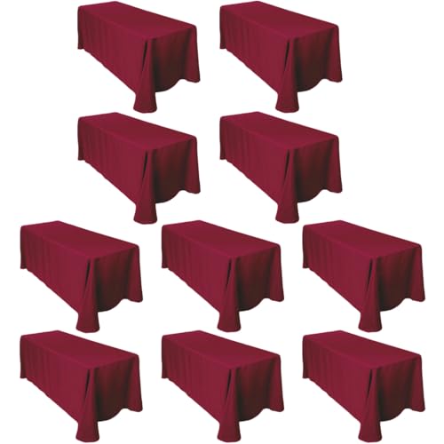 LTC LINENS Bulk 10-Pack Rectangular Tablecloths 90 In x 156 In with Rounded Corners - Burgundy Table Covers for 8 ft Table with Floor-Length Drop - Wrinkle Resistant Polyester Fabric Cloth for Wedding