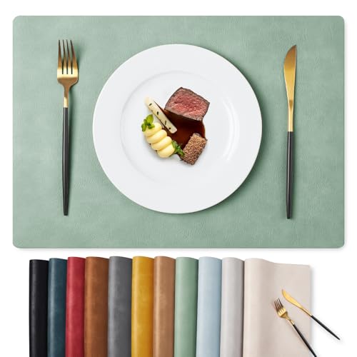 MOSAYT Vinyl Placemats Set of 12-12 X 17 Inch - Faux Leather 100% Waterproof Oil-Proof Wipeable PU Place Mats, Heat Resistant Reversible Table Mats for Kitchen, Dining, Outdoor (Green)