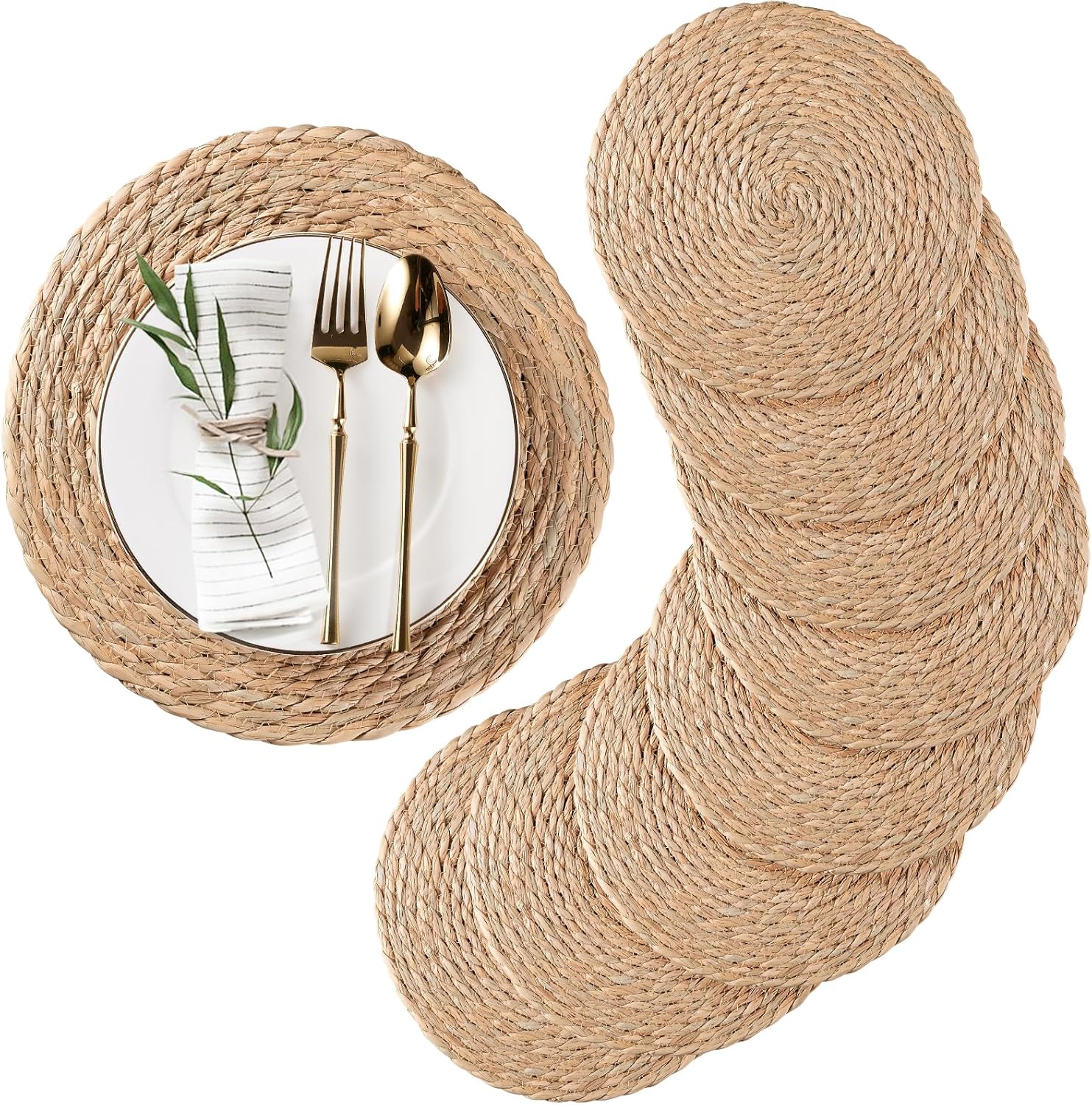 Round Woven Placemats Set of 8, Natural Water Hyacinth Place mats, Rattan Placemats Wicker Placemats Farmhouse Boho Braided Heat Resistant Outdoor Placemat Patio Table Place Mats (13.5 inch Set of 8)