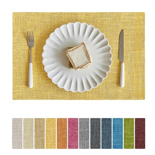 Softalker Faux Linen Placemats Set of 12-12 x 18 Inch, Heat Resistant Double Layered Durable Burlap Farmhouse Place Mats, Non-Slip Washable Rustic Table Mats for Dining, Kitchen, Party(Yellow