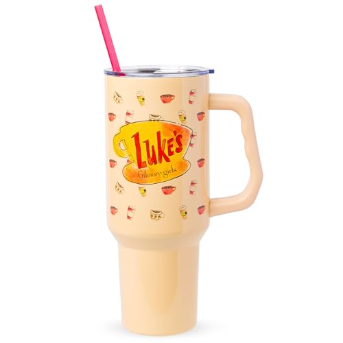 Silver Buffalo Gilmore Girls Luke's Diner Stainless Steel Tumbler with Handle and Straw, Fits in Standard Cup Holder, 40 Ounces