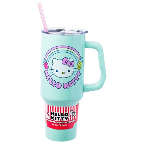 Silver Buffalo Sanrio Hello Kitty Kawaii Strawberry, Pineapple, and Rainbows Stainless Steel Tumbler with Handle and Straw, Fits in Standard Cup Holder, 40 Ounces