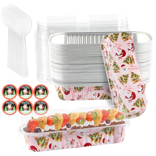 100Pack Pink Christmas Mini Loaf Pans with Lids Mini Cake Pans with Lids and Spoons, 6.8Oz Fancy Muffin Pans Aluminum Foil Tins, Individual Dessert Cups Containers for Sales,Party,Picnics