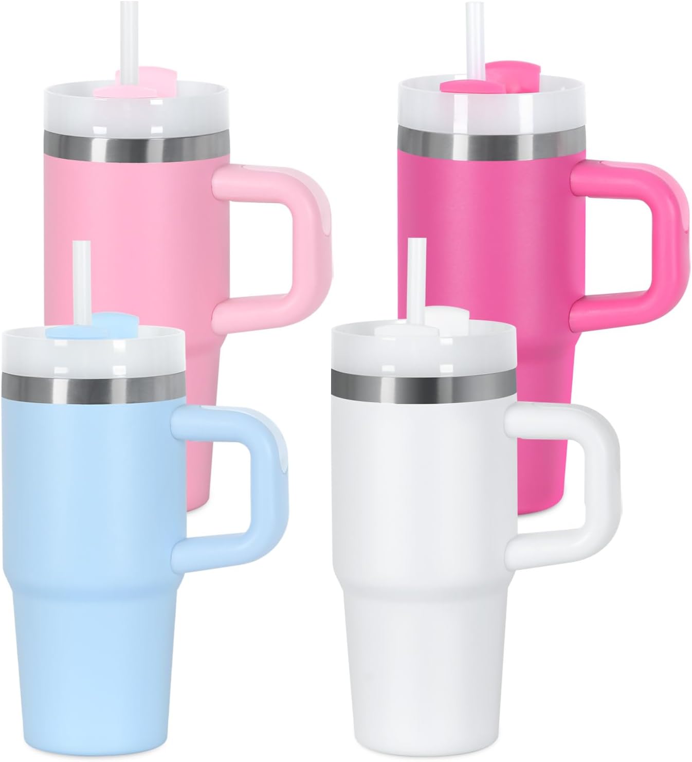 4 Pack 14 Oz Tumbler with Handle and Straw for Kids, Stainless Steel Vacuum Insulated Tumbler Keep Cold Heat and Ice, Gifts for Children Cups (Hot Pink, Sky Blue, Pink, White)