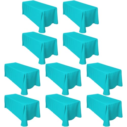 LTC LINENS Bulk 10-Pack Rectangular Tablecloths 90 in x 156 in with Rounded Corners - Turquoise Table Covers for 8 ft Table with Floor-Length Drop - Wrinkle Resistant Polyester Fabric Cloth for Party