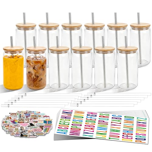 16 oz Clear Plastic Cups Reusable with Bamboo Lids and Straws & DIY Sticker, 12Pack Acrylic Mason Jars Iced Coffee Drinking Glasses Cup for Park Picnic, Poolside, Party Giveaways