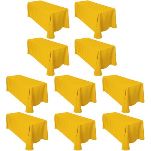 LTC LINENS Bulk 10-Pack Gold Rectangular Tablecloths 90 In x 156 In with Rounded Corners - Ideal for 8 ft Tables with Floor-Length Drop -Wrinkle Resistant Polyester Fabric Cloth Table Covers for Party