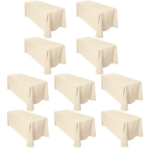 LTC LINENS Bulk 10-Pack Beige Rectangular Tablecloths 90 in x 156 in with Rounded Corners - Ideal for 8 ft Tables with Floor-Length Drop - Polyester Fabric Cloth Table Covers for Wedding, Party