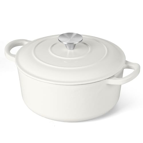 3 Qt Enameled Cast Iron Dutch Oven with Lid, E-far Small Round Nonstick Dutch Oven Pot for Bread Baking Braising Stews Roasting Cooking, Heavy Duty, Induction & Oven Safe - White