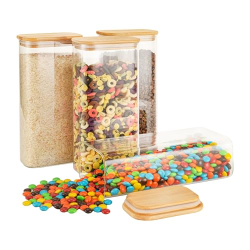 64oz Rectangle Airtight Glass Storage Containers with Bamboo Lids (Set of 4), Square Food Storage Jar, Pantry Organizers for Cereal, Flour, Pasta and Coffee beans (with Black Lable)