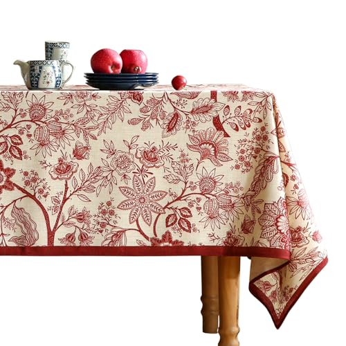 Designer French Linen Tablecloth Rectangular,Red Floral Washable Indoor Table Cloth,Durable Home Decor Tablecloths for Dining Thanksgiving Kitchen Party Christmas,55"*87"-Ruyi A