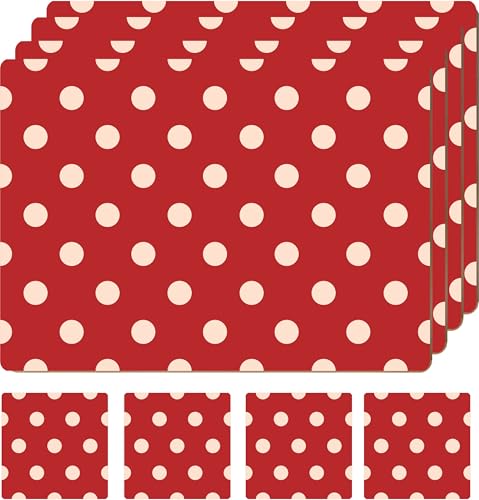 Set of 4 Heat Resistant Cork Placemats for Dining Table with Free Set of 4 Matching Drink Coasters Cream & Red Polkadot Design 16 x 12 Inches Cork Backed Hard Placemats (Red Polkadot)