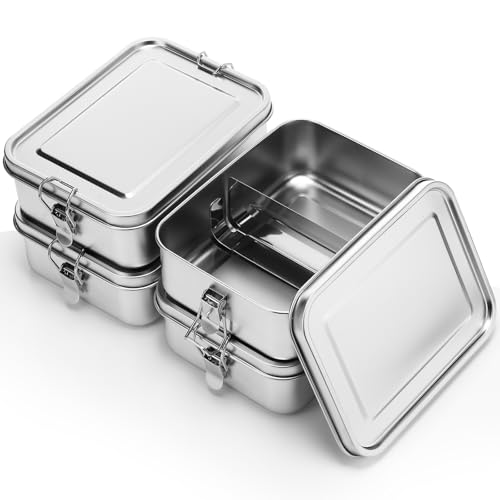 Umigy 4 Pcs Stainless Steel Food Containers Metal Bento Lunch Box Stainless Steel Food Storage Containers, Lockable Clips to Leak Proof, Reusable Dishwasher Snack Boxes for Work, Picnic (1200ml)