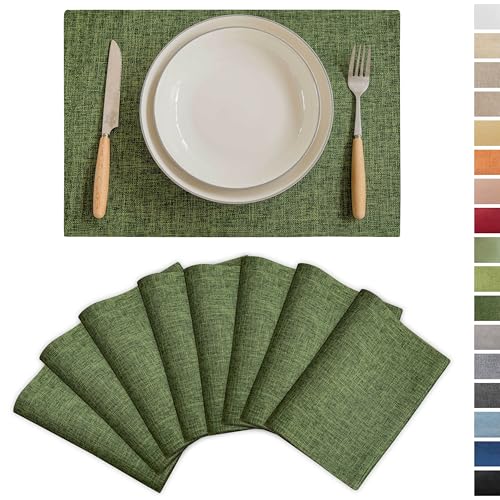 Demetex Dark Green Placemats Set of 8 Decorative Linen Textured Place Mats Heat Resistant Plate Platemats for Cafe Party Banquet Tables, 13x19 inch, Green