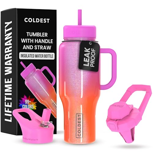 Coldest Tumbler with Handle and Straw - 100% Spill Proof Tumbler with Straw (3 Lids) - Stainless Steel Insulated Leakproof Tumblers for Women & Men - 36 oz (Neutron Star Glitter)