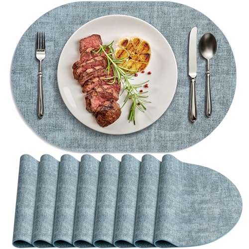 Placemats for Dining Table Set of 8 Non-Slip, Heat Resistant Oval Leather Placemat Double Layer, Waterproof Table Mats Easy to Clean for Kitchen Dining Room Coffee Office Table, Light Blue