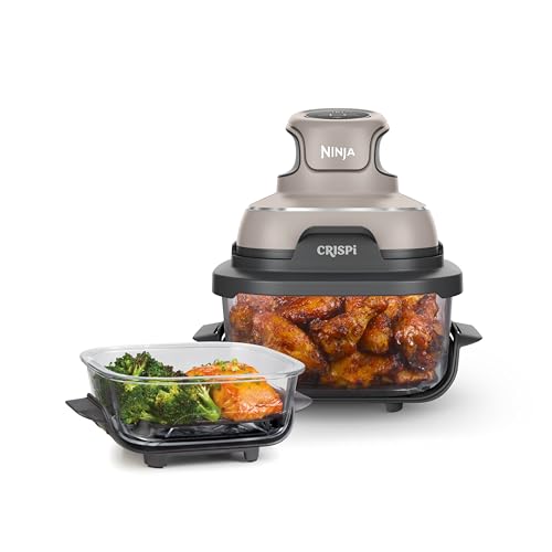 Ninja Crispi Air Fryer, Microwave, Freezer & Dishwasher Safe, Non Toxic Glass Portable Cooking System, 4 QT & 6 Cup Glass Containers with Storage Lids, Easy Meals, Air Fry, Bake, Stone, FN101ST