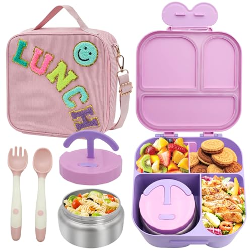 Girls Lunch Box with Bento, Bento Box with 4 Compartment, with Leak Proof Thermo Food Jar, Preppy Corduroy Insulated Lunch Bag for Girl Kids Teens School Travel Picnic, Pink