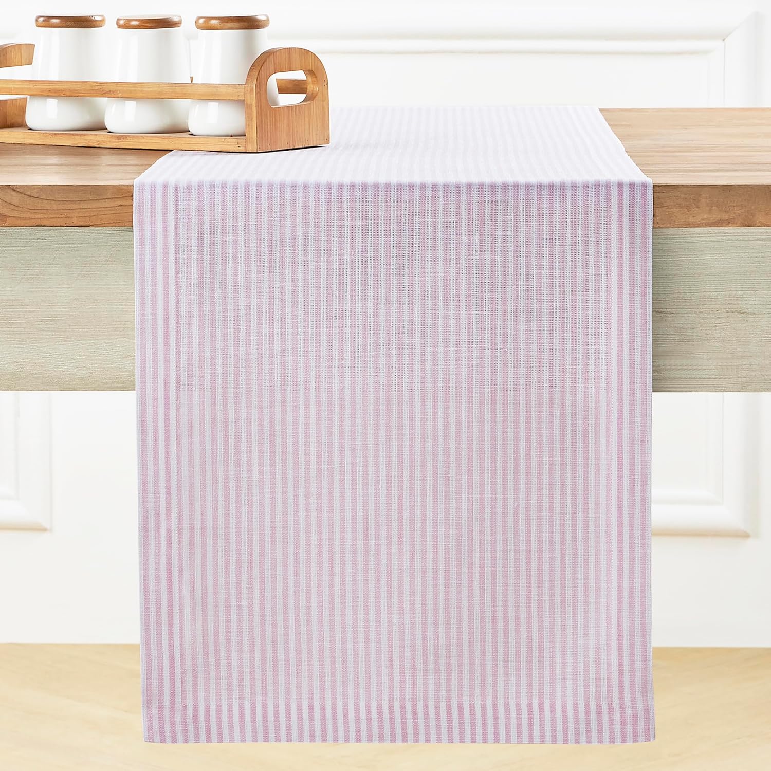 Solino Home Linen Table Runner 90 Inches Long - Narrow Stripe, 100% Pure Linen Pink and White Farmhouse Table Runner 14 x 90 Inch for Dining, Halloween
