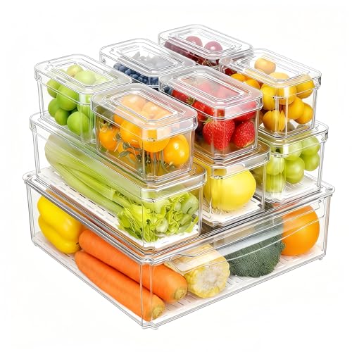 10-Pack Clear Fridge Organizer Containers with Lids, Stackable BPA-Free Refrigerator & Produce Storage Containers with Drain Tray & Anti-Slip Base for Fruits, Veggies & Drinks