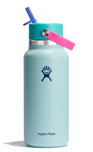 Hydro Flask Water Bottle - Insulated Stainless Steel - Wide Mouth Flex Straw Lid, Non Spill, Leakproof and Refillable in 32 Oz Polar Plunge