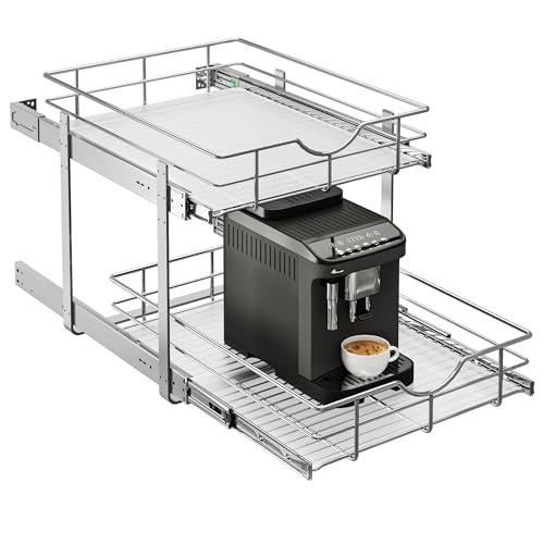 WelFurGeer 2-Tier Stainless Steel Pull Out Cabinet Organizer, Soft Close Damping Slides, Heavy Duty Chrome Plated Wire Basket with Shelf Liner, Perfect for Kitchen Cabinets, Pantry Storage, Under Sink
