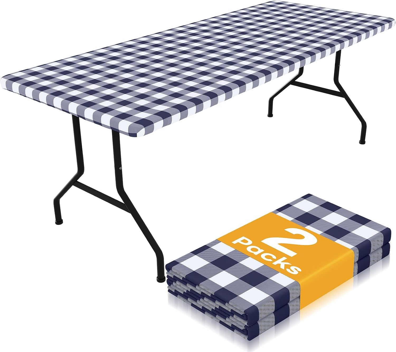 Smiry Picnic Table Cloth 2 Pack, Waterproof Elastic Fitted Tablecloths for 8FT Rectangle Tables, Washable Polyester Buffalo Plaid Tablecloth for Camping, Dining & Outdoor (Navy & White, 30" x 96")