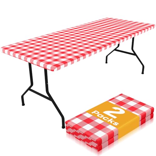 Smiry Picnic Table Cloth 2 Pack, Waterproof Elastic Fitted Tablecloths for 4FT Rectangle Tables, Washable Polyester Buffalo Plaid Tablecloth for Camping, Dining & Outdoor (Red & White, 30" x 48")