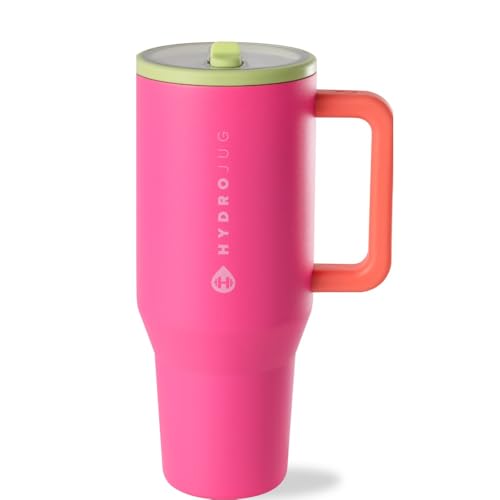HydroJug Traveler - 32 oz Water Bottle with Handle & Flip Straw - Fits in Cup Holder, Leak Resistant Tumbler-Reusable Insulated Stainless Steel & Rubber Base - Orchid